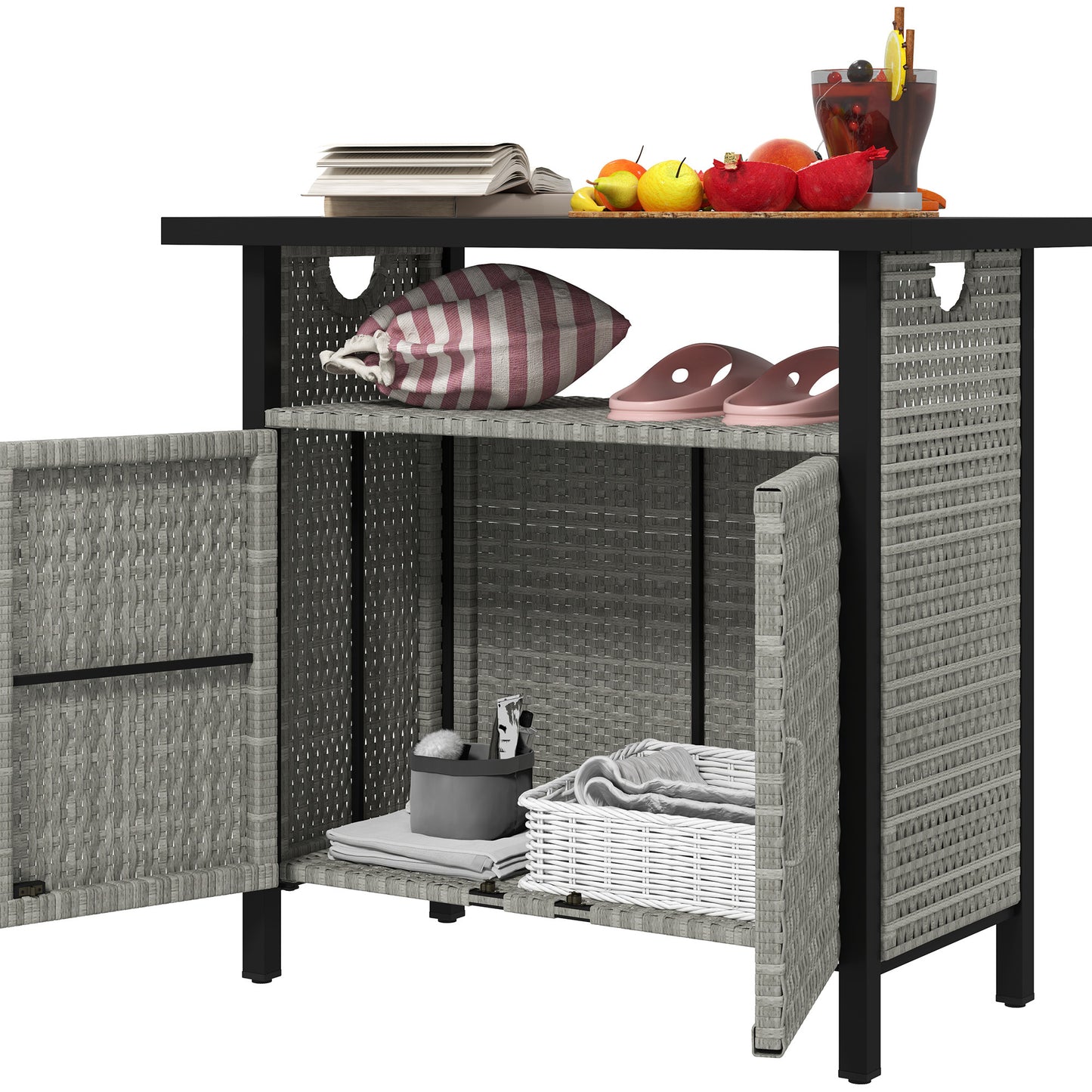 Outdoor Pool Towel Storage Cabinet Organizer, Outdoor Bar Table With Shelf And Cabinet, Pool Towel Holder Pool Valet With Weather-Resistant PE Rattan And Steel Frame, Gray