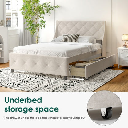 US Local Queen Size Bed Frame With Storage Headboard, Metal Platform Bed No Noise, Mattress Foundation Strong Metal Slats Support No Box Spring Needed