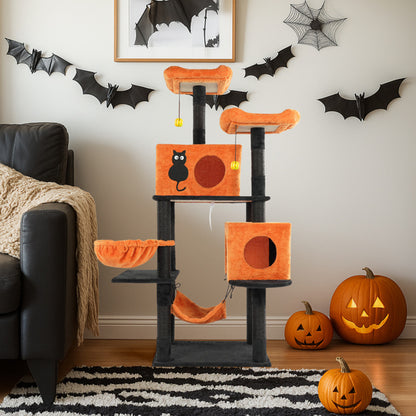 US Local Halloween Cat Tree, Large Cat Tower With 2 Spacious Cat Condos, 2 Padded Perches, 2 Hammocks, Scratching Posts, Hanging Toy, Multi-Level Cat Activities Furniture For Large Cats, Orange & Black