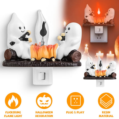 US Local 2 Pcs Ghost Campfire Flickering Flame Night Light Indoor 3D Funny Halloween Nightlight Decoration Bedroom Night Light Halloween Decoration Gift For Friend Family