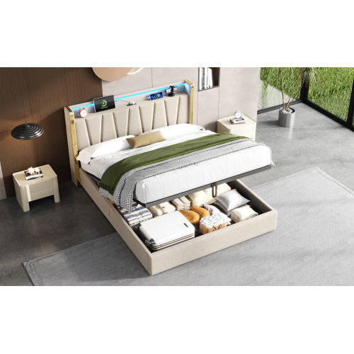 UK Local 4ft6 Double Upholstered Bed Frame With Hydraulic Storage, LED Headboard With Charging Station And Chrome Trim, USB And Type - C Ports, Linen, No Box Spring Needed, Beige