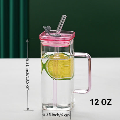 US Local 6 Pcs Glass Straw Cup, 6 Colors Square Glass Cup With Straw And Lid, High Borosilicate Glass Cup, Milk Cup, Juice Cup, Cold Drink Cup, Coffee Cup, Tea Cup, Office Cup, Gift Cup
