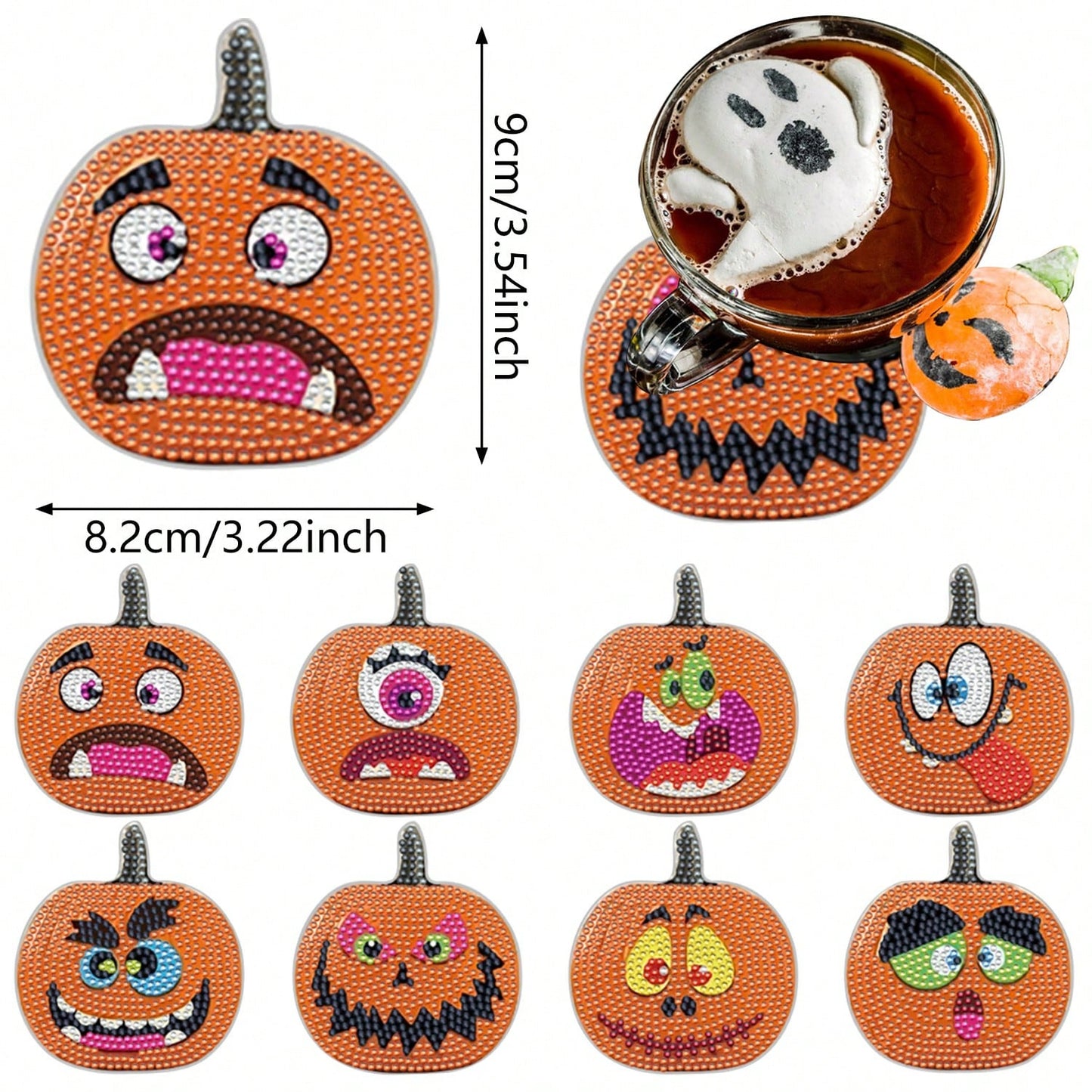 8 Pcs Halloween Pumpkin Diamond Art Coasters With Holder Cartoon Pumpkin Diamond Painting Coasters Autumn DIY Painting Kit Orange Crafts For Thanksgiving Gift