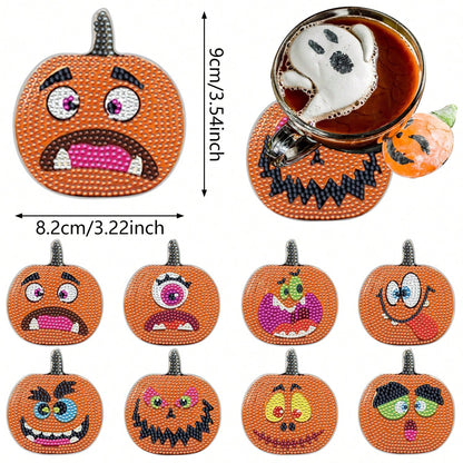 US Local 8 Pcs Halloween Pumpkin Diamond Art Coasters With Holder Cartoon Pumpkin Diamond Painting Coasters Autumn DIY Painting Kit Orange Crafts For Thanksgiving Gift