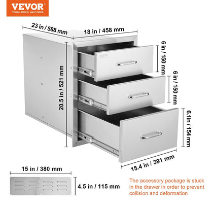 US Local VEVOR 18x20.5 Inch Outdoor Kitchen Stainless Steel Triple Access BBQ Drawers With Chrome Handle, 18 X20.5 X 23 Inch