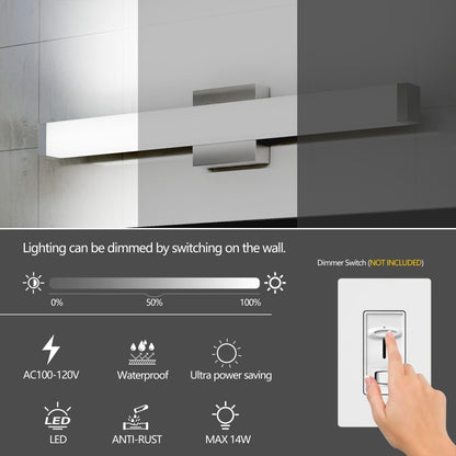 US Local Bathroom Vanity Light Brushed Nickel Square LED 25 Inch 14W 6000K Cool White Light Wall Bar Lighting Fixtures Over Mirror -Brushed Nickel, 25in