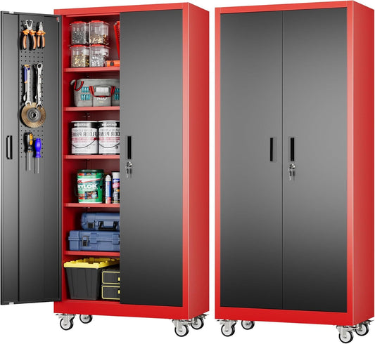 US Local Garage Storage Cabinet With Pegboard And 5 Adjustable Shelves, Metal Lockable Cabinet With Magnetic Doors,Tool Storage,Home Office Garage,Gym,School Black-red