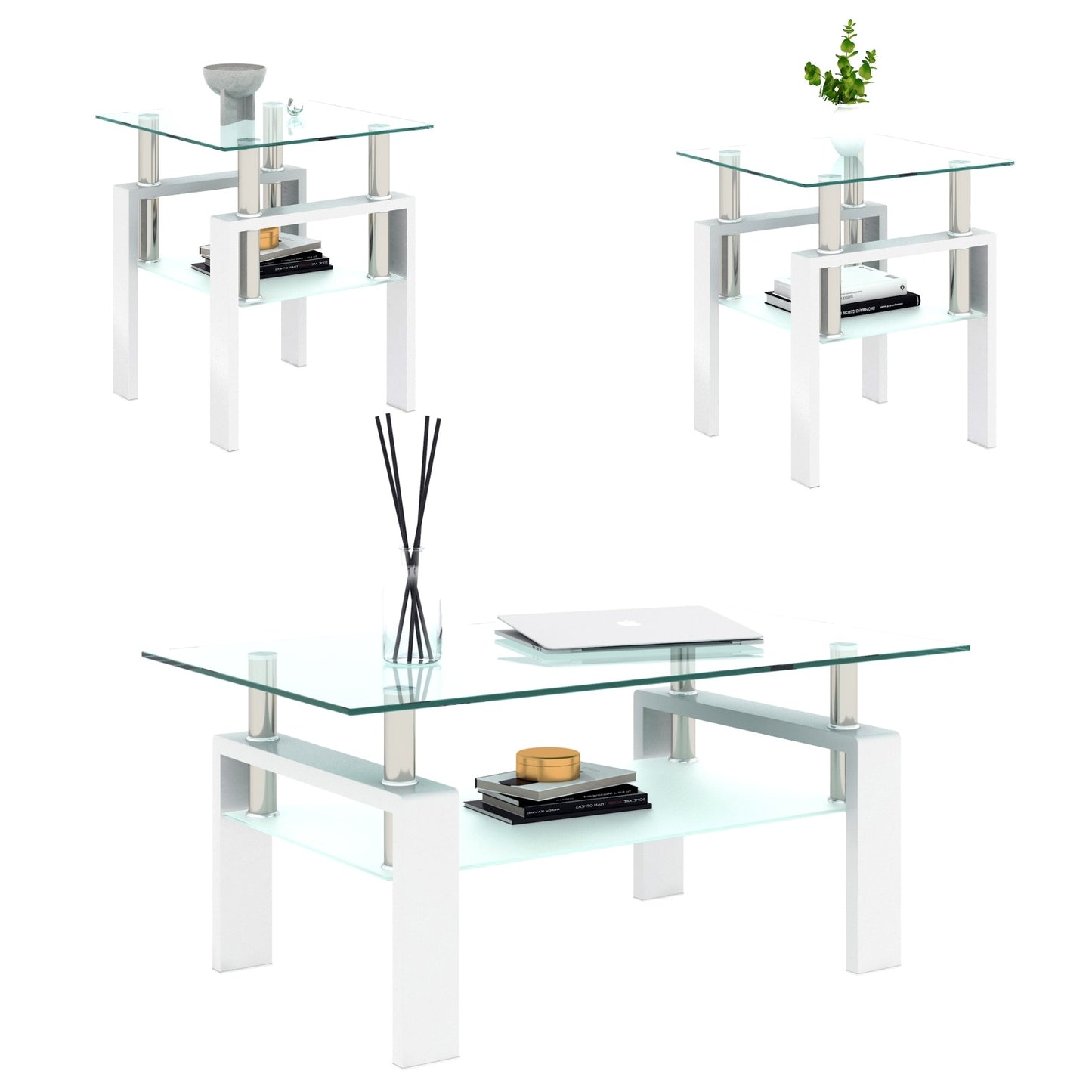 US Local 2-Pc Modern Tempered Glass Coffee Tea End Tables For Living Room