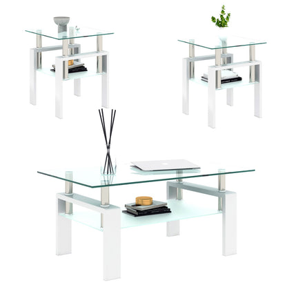 US Local 2-Pc Modern Tempered Glass Coffee Tea End Tables For Living Room