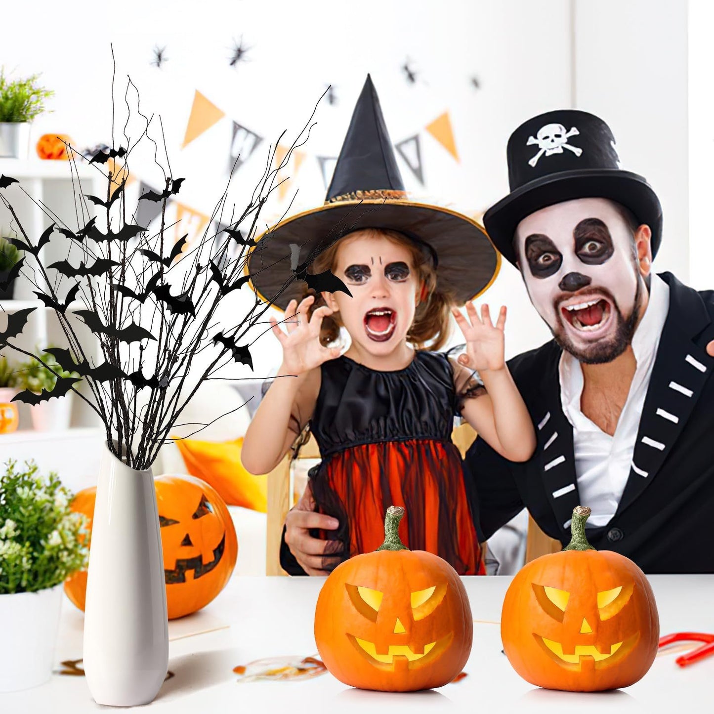 US Local Curly Willow Branches 29.5 Inch Artificial Bendable Stems Black Branches With 36Pcs Halloween Bat Stickers For Halloween Wreath Home Party Decorations