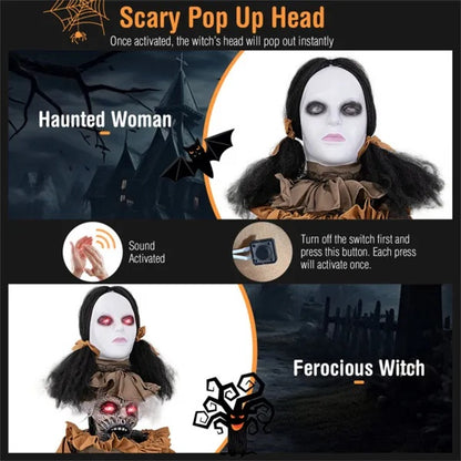 US Local 5.4ft Halloween Animatronic Witch - Scary Pop-Up Head, Sound Button Activation, 4 Flashing Red Eyes & Screeching Laugh