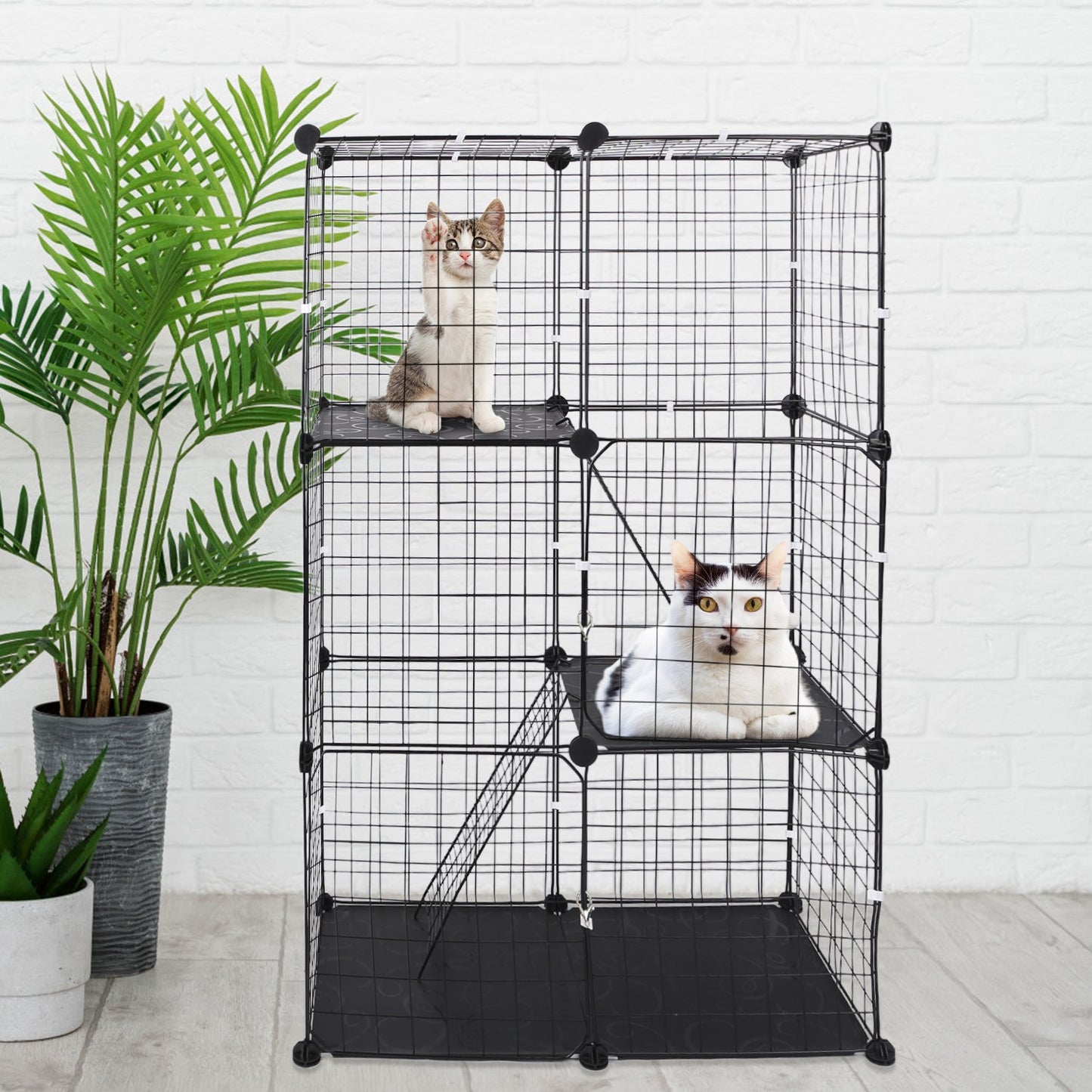 US Local 3 Tier Cat Playpen Cage Metal Indoor Cat House Detachable Kitten House With 3 Doors 2 Ladders Large Cat Exercise Place For 1-2 Cats Black