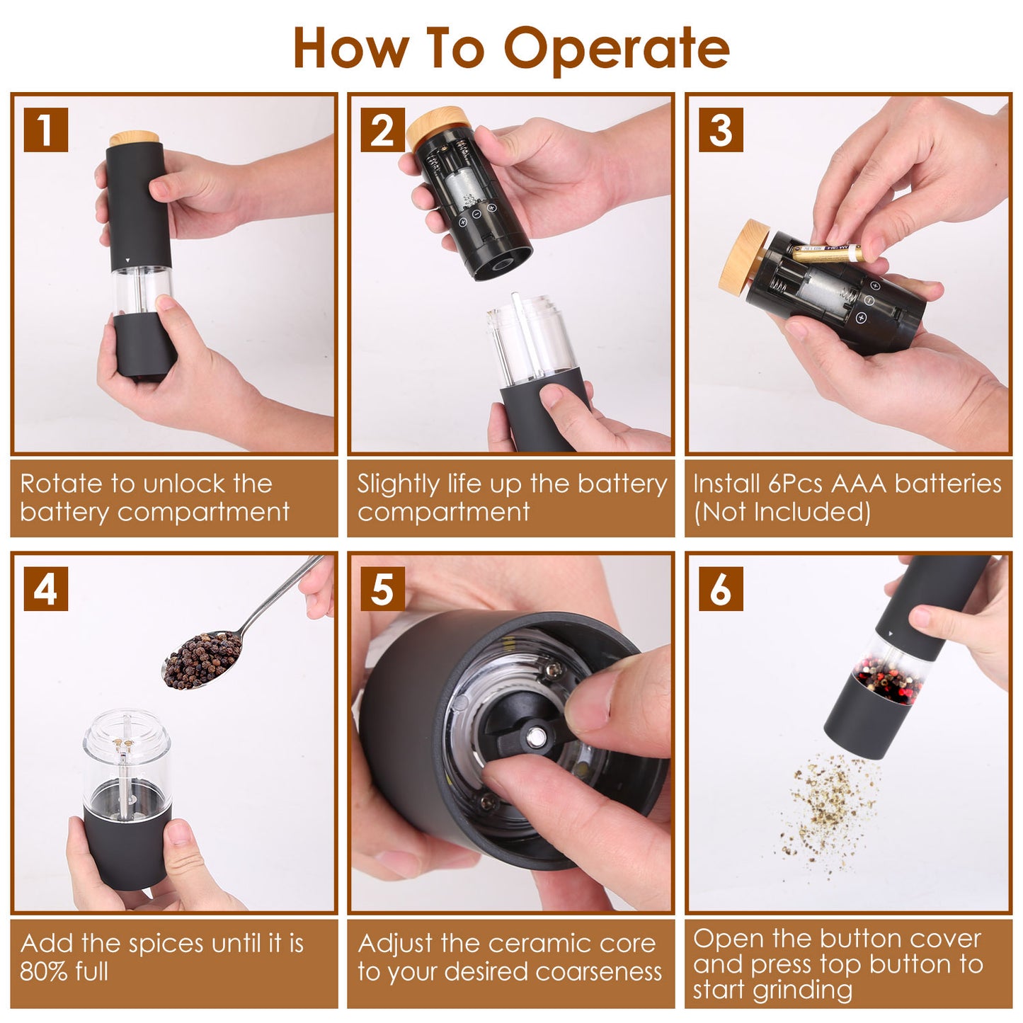 US Local 2Pcs Electric Salt And Pepper Grinder Battery Powered Salt Mill Sets With Adjustable Coarseness One Hand Easy Operation Visible Refilling Bottle