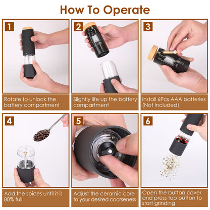 US Local 2Pcs Electric Salt And Pepper Grinder Battery Powered Salt Mill Sets With Adjustable Coarseness One Hand Easy Operation Visible Refilling Bottle