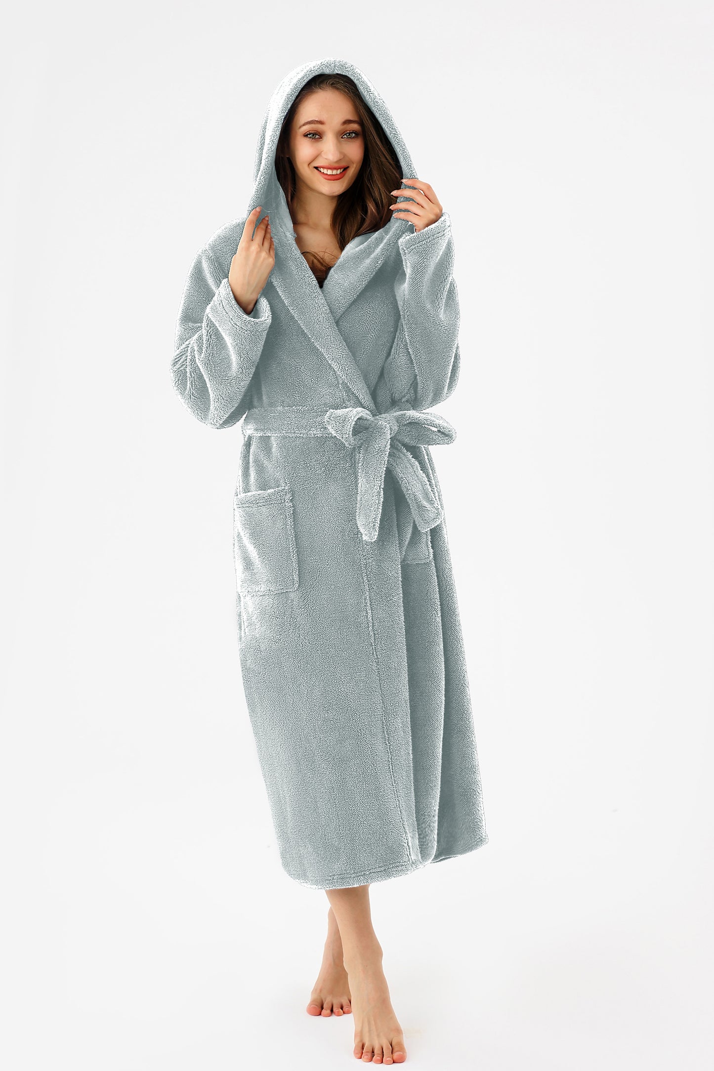 US Local RONGTAI Womens Hooded Robe Long Plush Fleece Bathrobe With Pockets Nightwear S-XXL