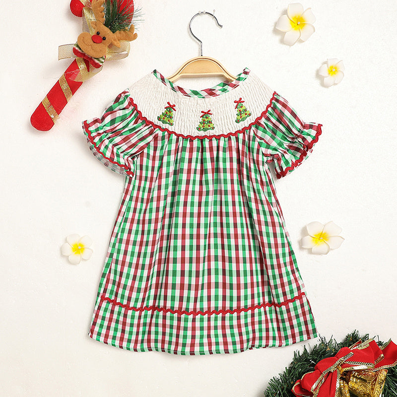 US Local Toddler Infant Baby Girls Christmas Dress Short Sleeve Christmas Tree Embroidered Plaid Casual Party Dresses