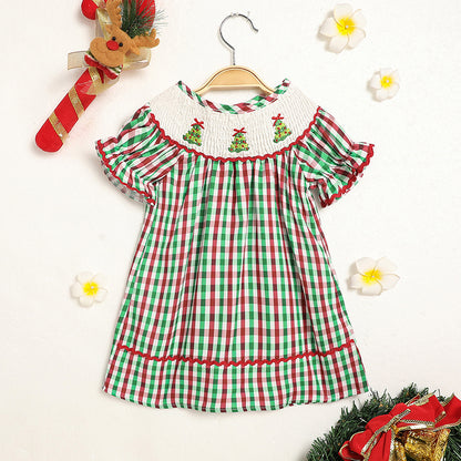 US Local Toddler Infant Baby Girls Christmas Dress Short Sleeve Christmas Tree Embroidered Plaid Casual Party Dresses