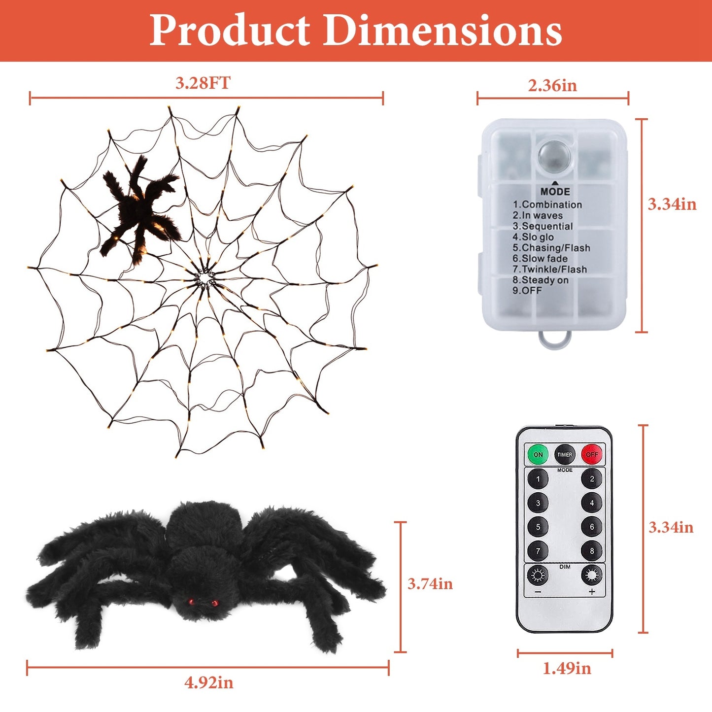 3.28FT Spider Web Light With Hairy Spider 70LED Battery Powered Remote Control 8 Lighting Modes Glowing Outdoor Indoor Wall Halloween Decoration