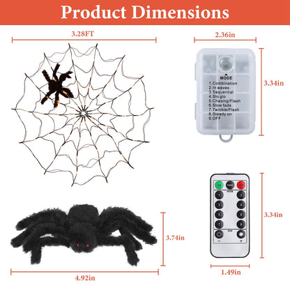 US Local 3.28FT Spider Web Light With Hairy Spider 70LED Battery Powered Remote Control 8 Lighting Modes Glowing Outdoor Indoor Wall Halloween Decoration
