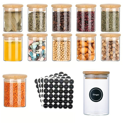 US Local 12 Pcs Round Spice Jars With Bamboo Lids And Stickers, Glass Storage Jars, Candy Jars, Coffee Jars, Salt Jars, Pepper Jars, Tea Jars