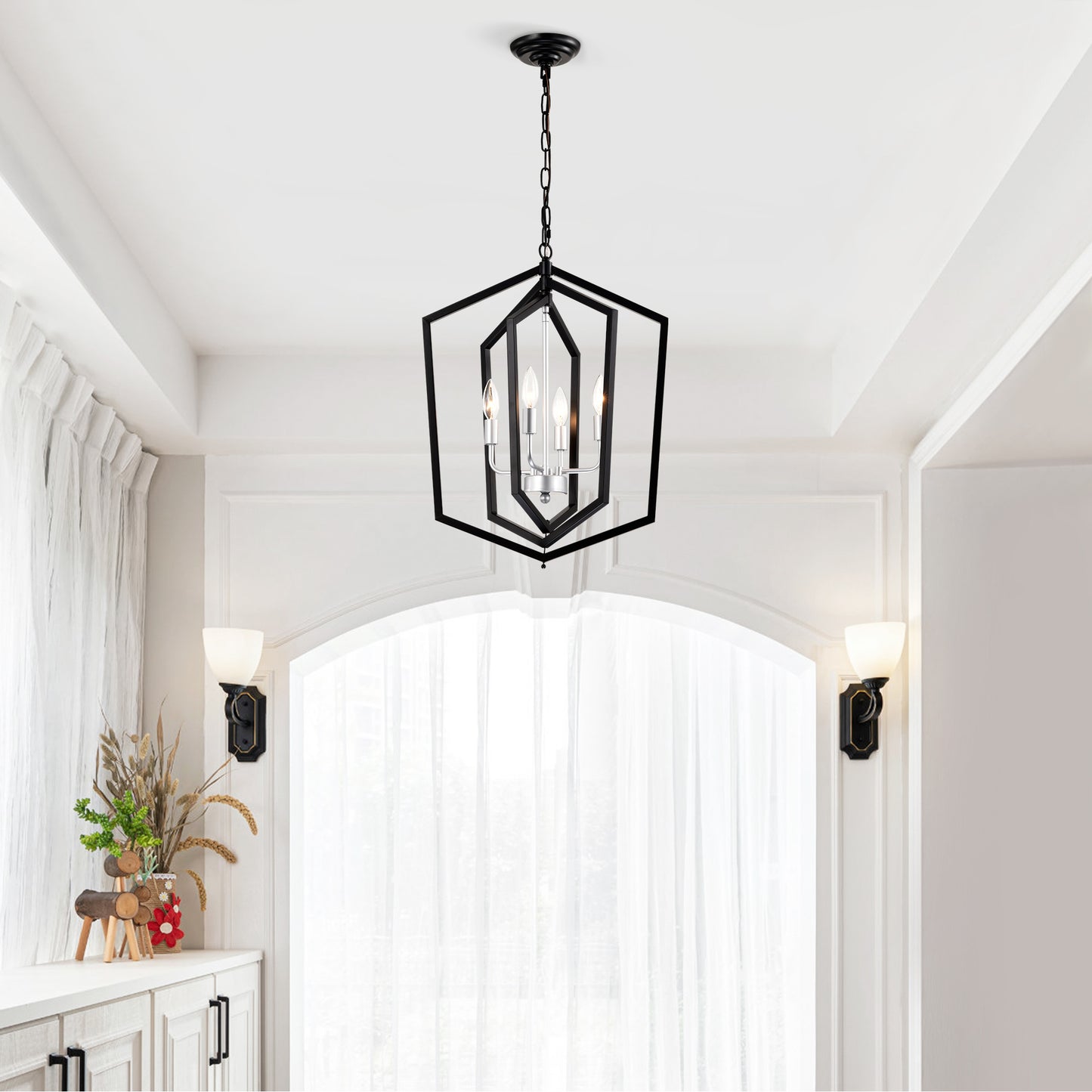 US Local 4-Light Farmhouse Kitchen Chandeliers, Matte Black And Sliver Vintage Rustic Cage Light Fixture Adjustable Height Chandeliers For Dining Room Hallway Foyer Entryway E12 Bulbs Not Included