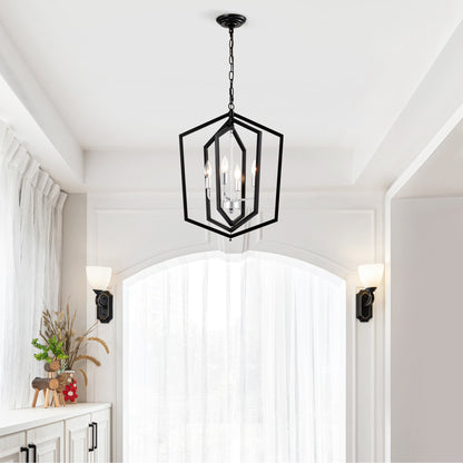 US Local 4-Light Farmhouse Kitchen Chandeliers, Matte Black And Sliver Vintage Rustic Cage Light Fixture Adjustable Height Chandeliers For Dining Room Hallway Foyer Entryway E12 Bulbs Not Included