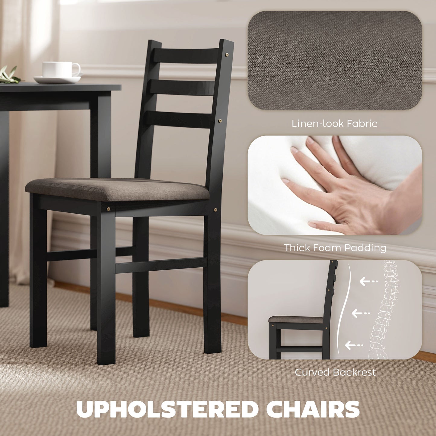 US Local 5-Piece Small Kitchen Table Set For 4, Farmhouse Dining Table Set With Upholstered Chairs And Rubber Wood Legs, Black