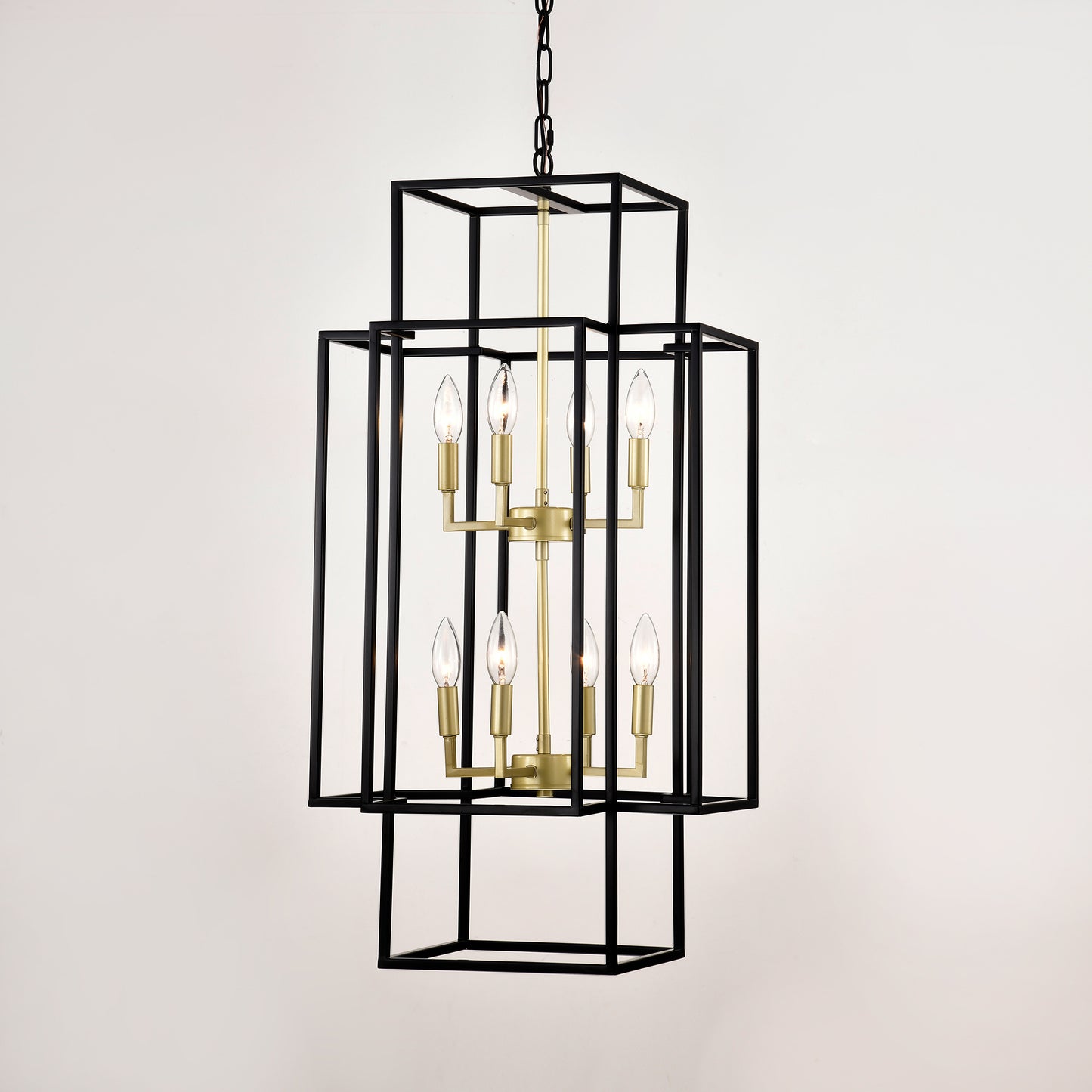 US Local 8-Light Metal Lantern Tiered Pendant Hanging Light Fixtures, Industrial Farmhouse Adjustable Height Chandeliers For Dining Room Hallway Foyer Entryway--Matte Black & Gold E12 Bulbs Not Included