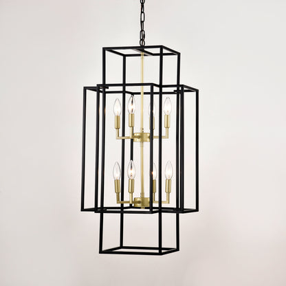 US Local 8-Light Metal Lantern Tiered Pendant Hanging Light Fixtures, Industrial Farmhouse Adjustable Height Chandeliers For Dining Room Hallway Foyer Entryway--Matte Black & Gold E12 Bulbs Not Included