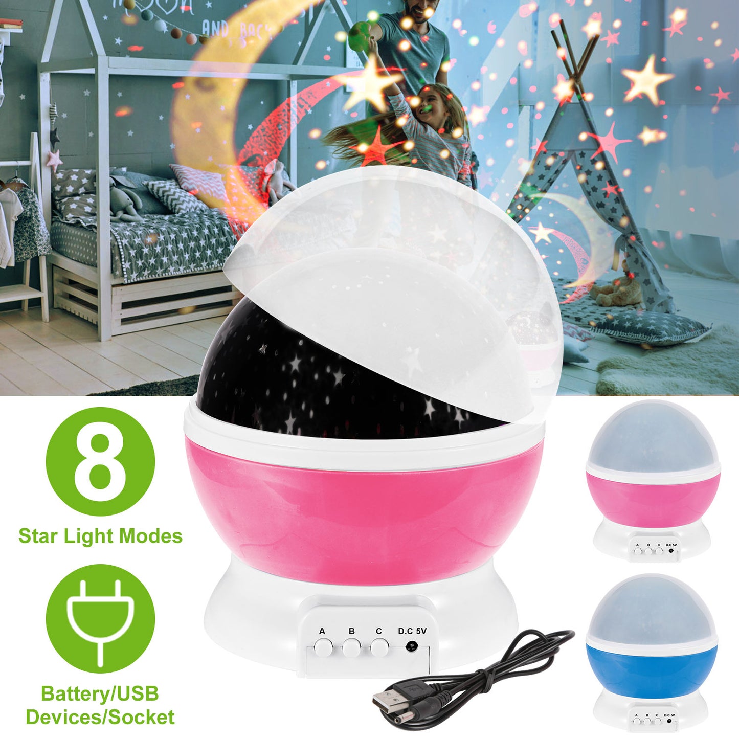 US Local Pink-Blue Options -- 1Pc LED Star Sky Projector Night Light Kids Rotating Starry Night Lamp USB Sleep Light Xmas Gift