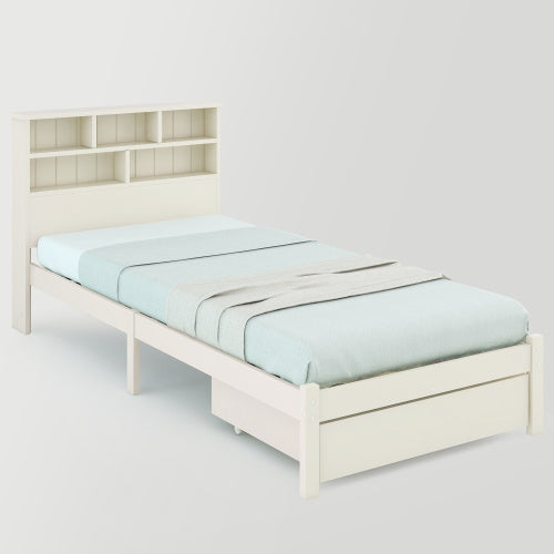 UK Local Bed With Shelves, White Wooden Storage Bed, Underbed Drawer - 3FT Single 90 X 190 Cm Frame Only
