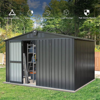 US Local Outdoor Storage Shed 10'x 8, Metal Garden Shed For Bike, Trash Can, Tools, Galvanized Steel Outdoor Storage Cabinet With Lockable Door For Backyard, Patio, Lawn  10x8ft, Dark Gray