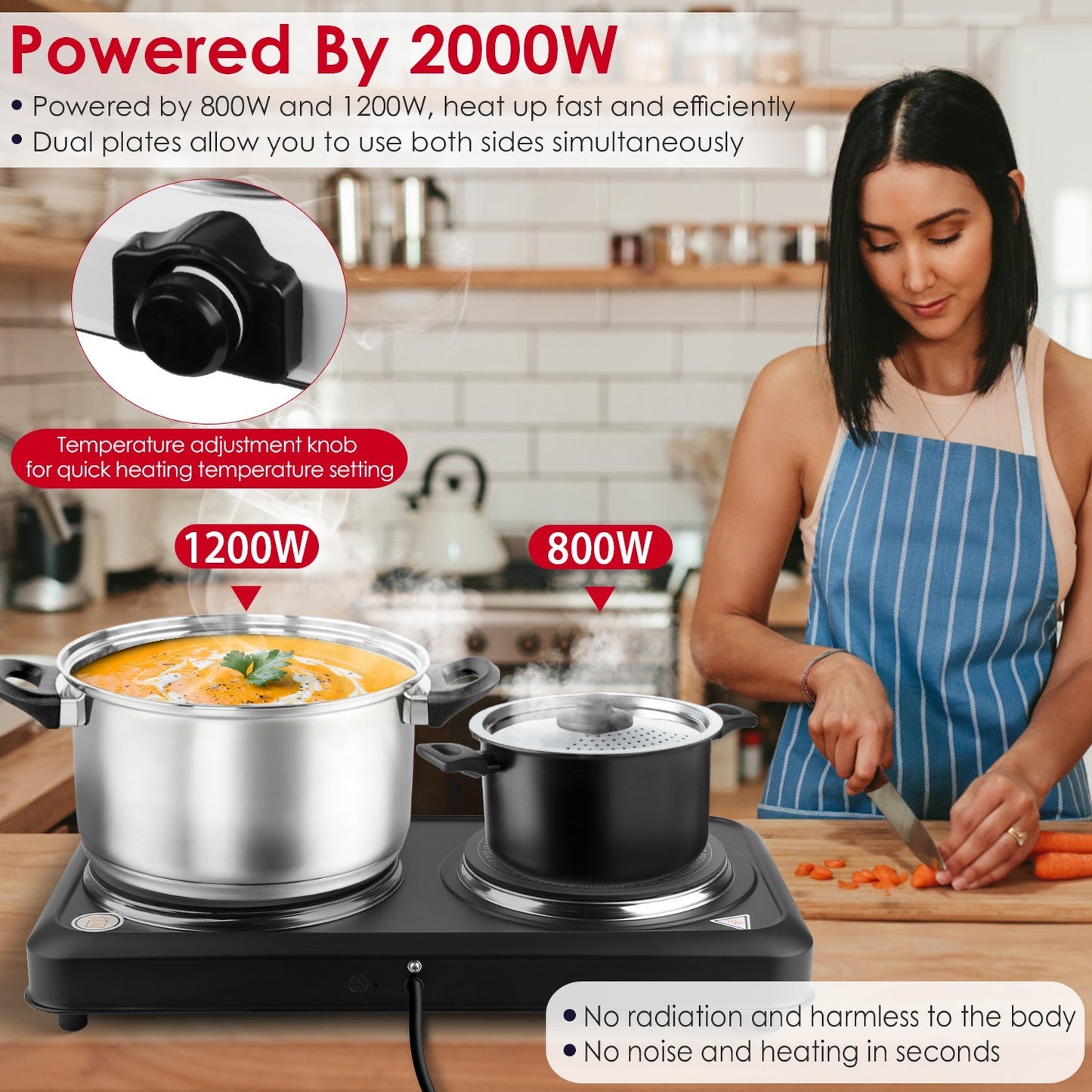 US Local 1Pc 2000W Electric Infrared Dual Burner Portable Heating Hot Plate Stove Countertop RV Hotplate With Glass Cooktop Stepless Temperature Adjustments For Home RV Camp