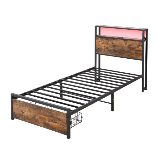 UK Local Metal Bed, 3FT Single Bed 90x190cm, With LED Light Strip And Drawer, 2 USB Port  1 Type C, Durable And Sturdy, Youth Bed, For Adults  Teenagers, Multifunctional Bed, Wrought Iron Bed, Black Walnut