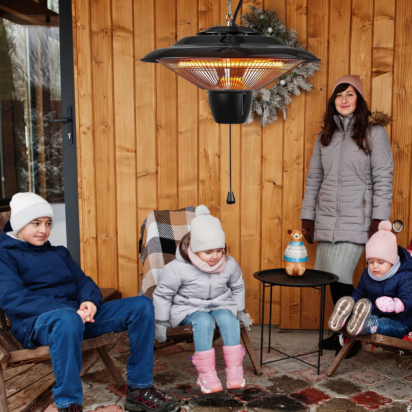 US Local 1Pc 1500W Outdoor Hanging Patio Heater Ultra-Quiet Electric Heating Lamp IP23 Waterproof 2 Heating Levels Overheating Protection Ceiling Mounted Outdoor Heater