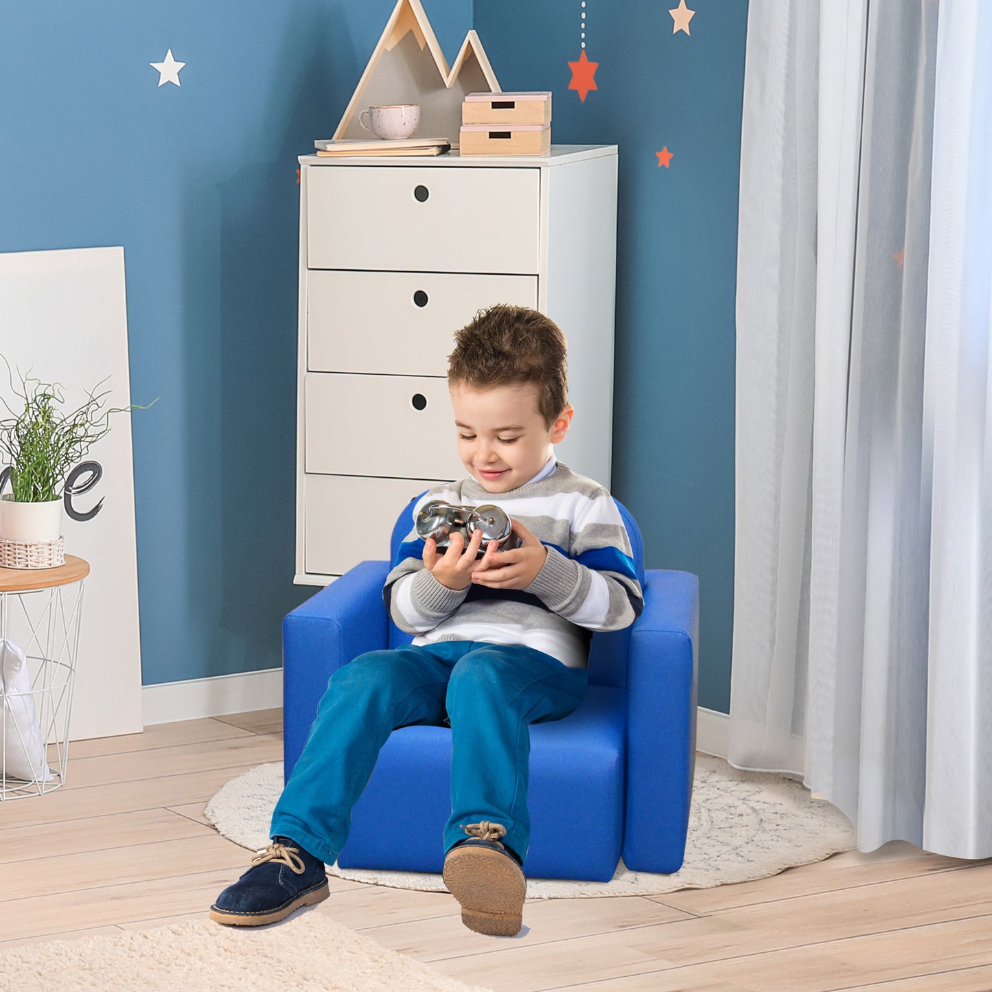 US Local Blue 2-in-1 Kids Sofa And Table Chair Set Convertible Toddler Lounge Multifunctional Armrest Chair For Play