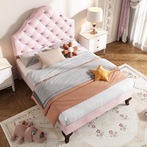 UK Local Upholstered Bed 90X190 With Slatted Frame And Headboard, Upholstered Bed With Height-adjustable Headboard, Youth Bed, Single Bed, Wooden Slat Support, Easy Assembly, Velvet, Pink