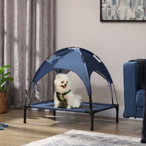 UK Local PawHut Raised Dog Bed Waterproof Elevated Pet Cot With Breathable Mesh UV Protection Canopy Blue, For Medium Dogs, 76 X 61 X 73cm