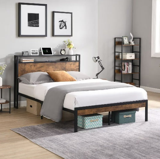 US Local King Size Metal Platform Bed Frame With Wooden Headboard And Footboard With USB LINER