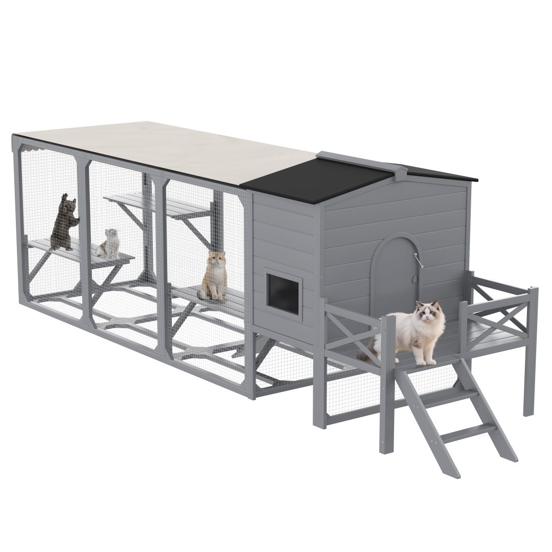US Local Catio Cat House Outdoor Large Cat Enclosure, Wooden Cat Cage For Multiple Cats With Jumping Platforms And Cat Swing, Removable Waterproof Cover, UV Resistant, 2 Combination, Gray