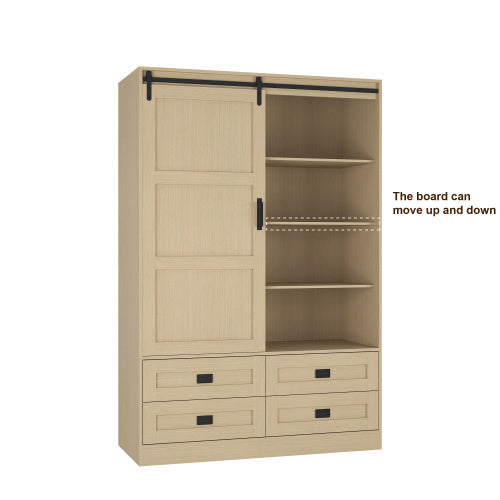 US Local Tall Bedroom Armoire Wardrobe Closet Clothing Storage Cabinet With Hanging Rod Barn Door Drawers Open Shelves