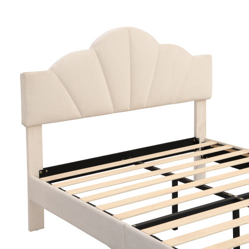 UK Local Velvet Upholstered Bed,Double Bed-4ft6 135x190cm, Shell-like Bed With Golden Iron Legs, Height-adjustable Headboard, Wooden Slatted Frame, Beige