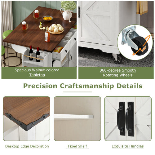 UK Local Kitchen Island, Serving Cart With Extendable Worktop, Kitchen Cart On Wheels, Kitchen Cabinet With 2 Sliding Doors And 3 Drawers, Dining Cart With Wood Grain, Kitchen Cabinet