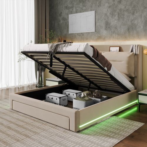 UK Local Upholstered Bed, 150x200 5ft King Size Bed, Hydraulic Bed, 2-in-1 Storage Drawers At The End Of The Bed, Recessed LED Light Strips On Both Sides Of The Bed, Slatted Frame, Velvet,Dark Gray