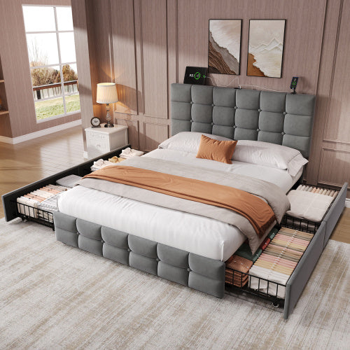 UK Local 4ft6 Double Upholstered Bed With 4 Storage Drawers, Velvet Bed Frame With Charging Station. Adjustable Button Tufted Headboard With USB And Type - C Ports, No Box Spring Needed, Grey No Mattress