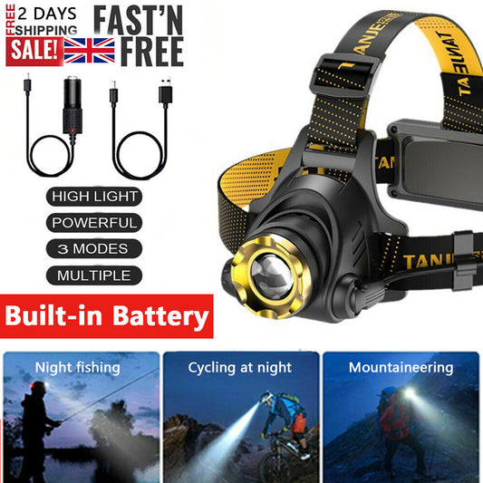 UK Local LED Headlamp Rechargeable Head Torch Zoom Headlight Lamp Powerful Flashlight Fishling Driving Camping Light With 3 Modes Work Light