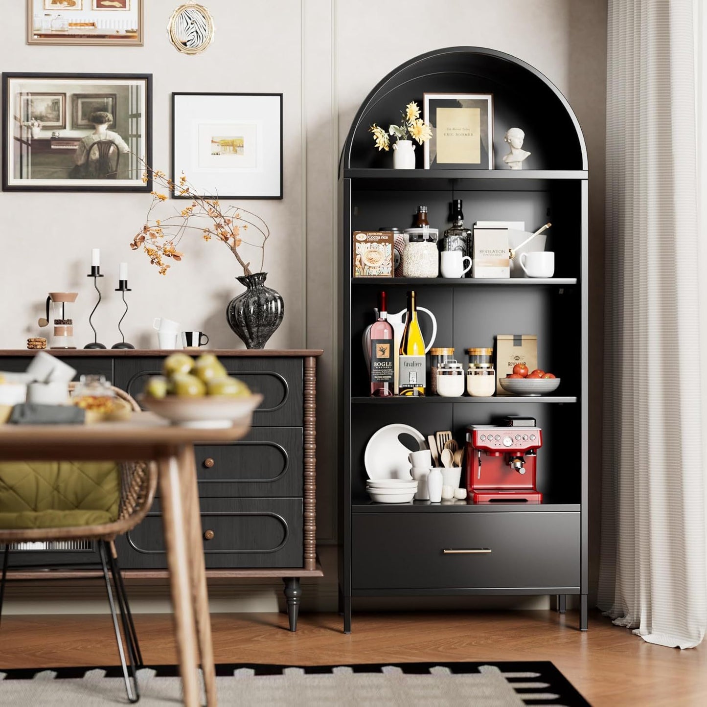 US Local Metal Arched Bookshelf, Accent Arch Kitchen Pantry Cabinet With Drawer For Home Office Bar Living Room Farmhouse Black