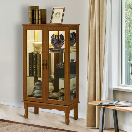 US Local Curio Cabinet Lighted Curio Diapaly Cabinet With Adjustable Shelves And Mirrored Back Panel, Tempered Glass Doors