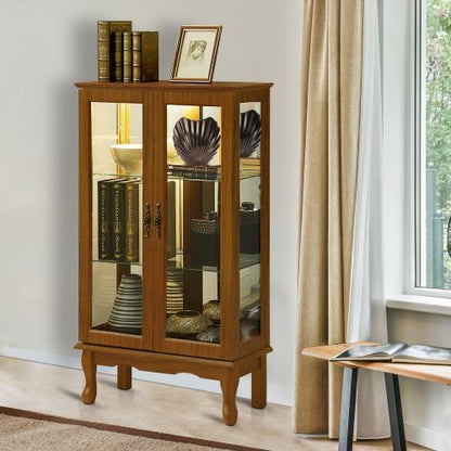 US Local Curio Cabinet Lighted Curio Diapaly Cabinet With Adjustable Shelves And Mirrored Back Panel, Tempered Glass Doors