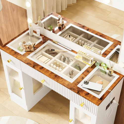 US Local 43.3 Vanity Desk With Large Mirror And Hollywood Bulbs, Modern Glass Top Makeup Vanity With Drawers And Power Outlet, Large Dressing Table With 3 Color Lighting Modes & RGB Cabinets For Bedroom